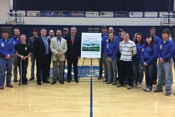 Because of his significant financial contribution by Greg A. Vital, the college announced the first named academic program – the Greg A. Vital Center for Natural Resources and Conservation. Pictured from left to right: (First Row) Dr. Tommy Wright, Vice President for Finance and Advancement; Robert Brewer, Associate Professor of Biology; and Vital with students from Brewer’s Wildlife and Fisheries program. 
