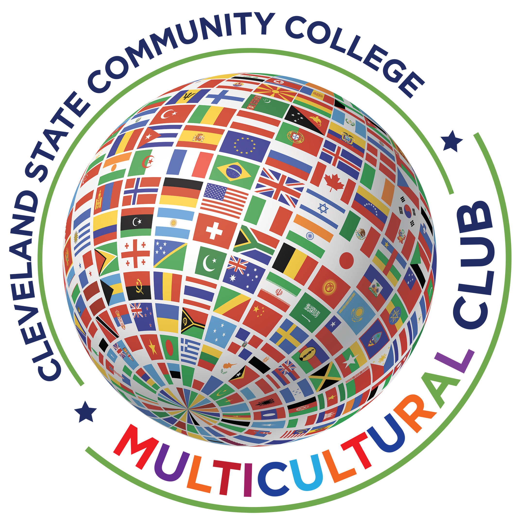 Cleveland State's Multicultural Club logo. Sphere of International flags.