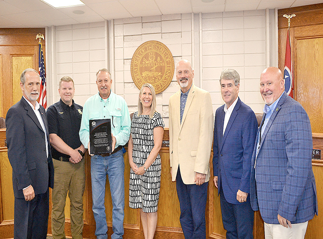  From left are Bradley County Mayor D. Gary Davis; Shawn Fairbanks, BCEMS director; Lawson; Alisha Fox and Dr. Bill Seymour of Cleveland State; Commissioner Bill Winters; and Commission Chairman Johnny Mull. BANNER PHOTO, ALLEN MINCEY