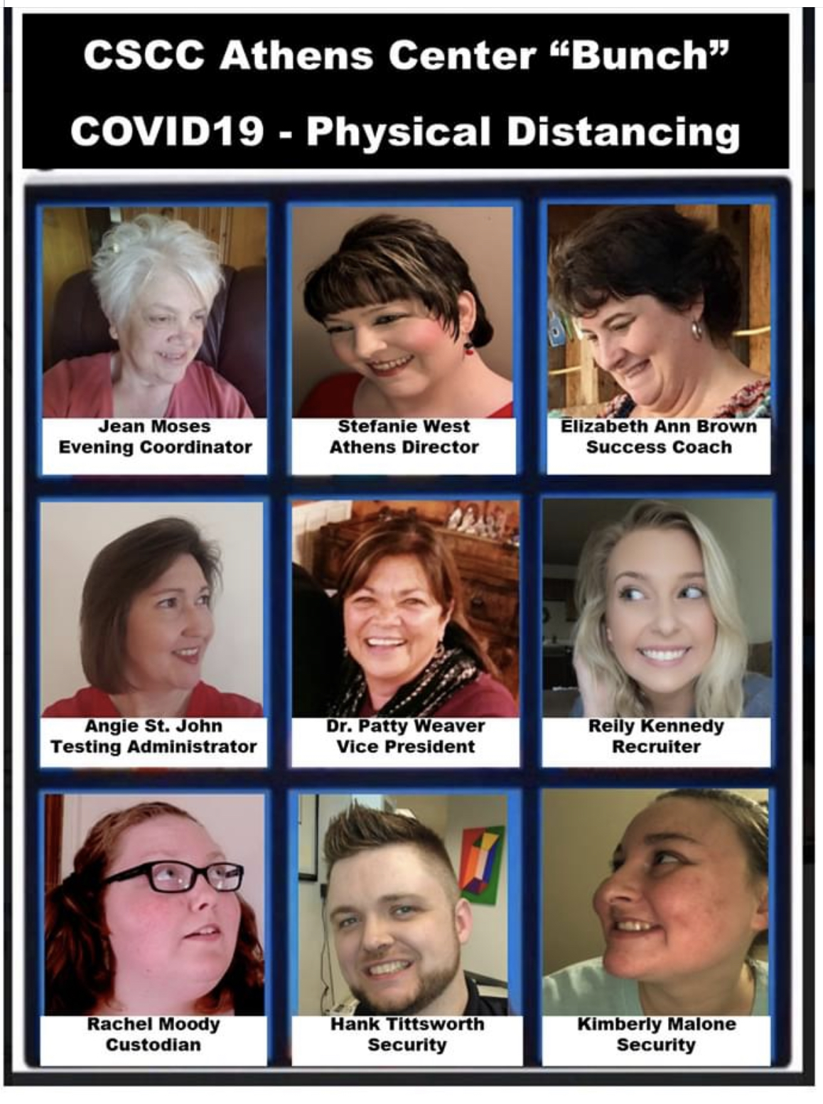 Image of Athens Center Staff in boxes - Brady Bunch reference.