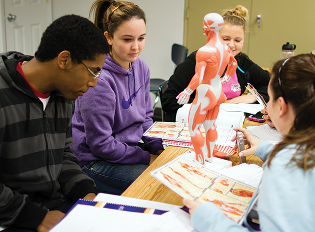 Students gathered around a model of a human skeleton