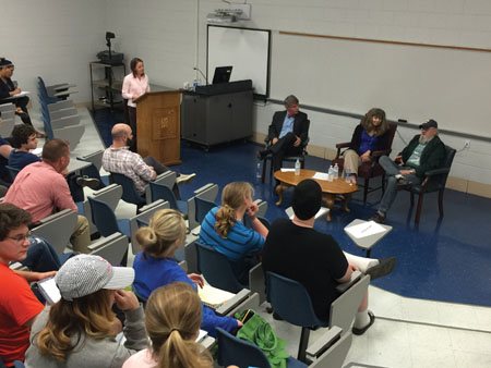 (seated, from left to right) Dr. Clark Rose, Dr. Michelle Wollert and Dr. Ralph Hood all participated in CSCC’s Psychology Lecture Series: Psychology and Religion Panel Discussion with Dr. Liz Moseley moderating. (standing)